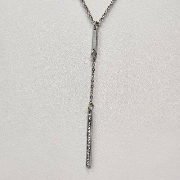 Kenneth Cole Silver Tone Y Drop Chain Necklace Clear Crystal Bar Minimalist - Picture 2 of 6